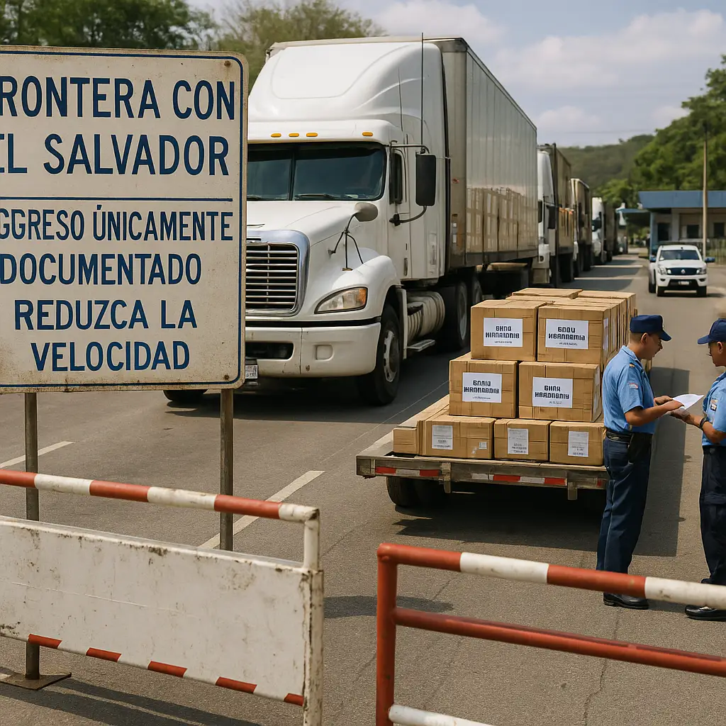 Frontera entre Honduras y El Salvador con presencia de autoridades y vehículos oficiales