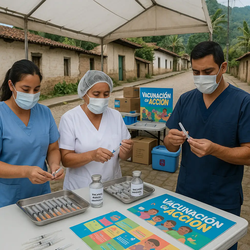 Personal de salud vacunando contra el sarampión en Guatemala durante campaña nacional