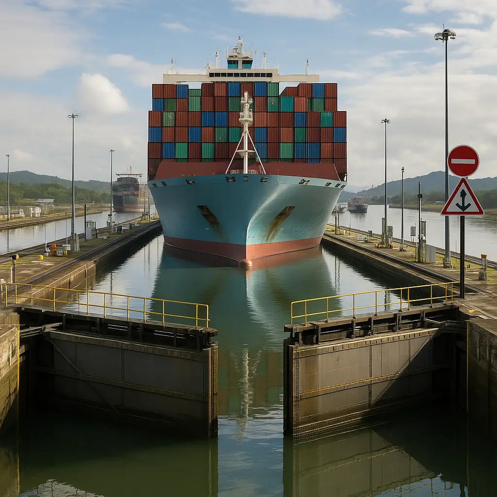Vista aérea del Canal de Panamá con barcos transitando, en contexto de crisis global