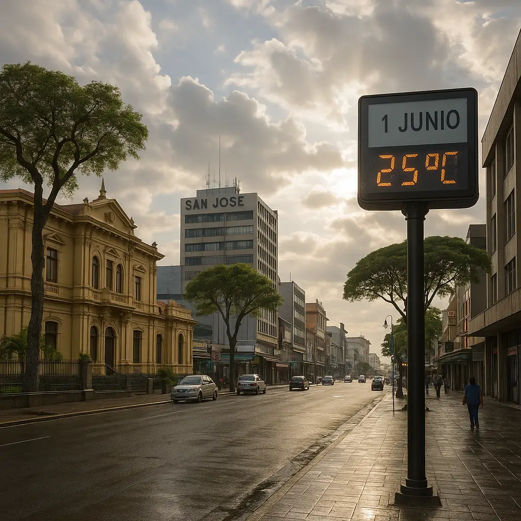 Vista panorámica de San José, Costa Rica, bajo un cielo parcialmente nublado reflejando el clima del 1 de junio