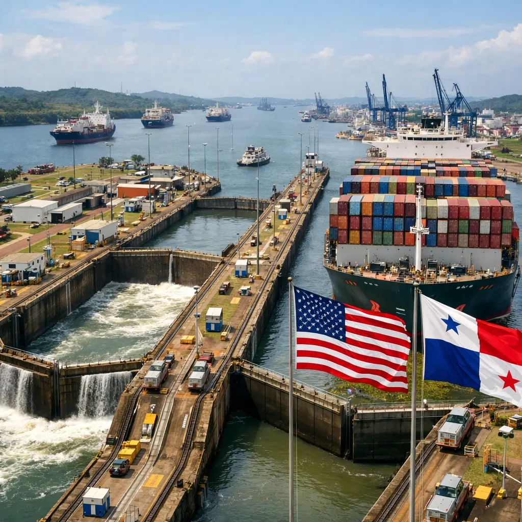 Vista aérea del Canal de Panamá con tránsito marítimo activo en un día despejado