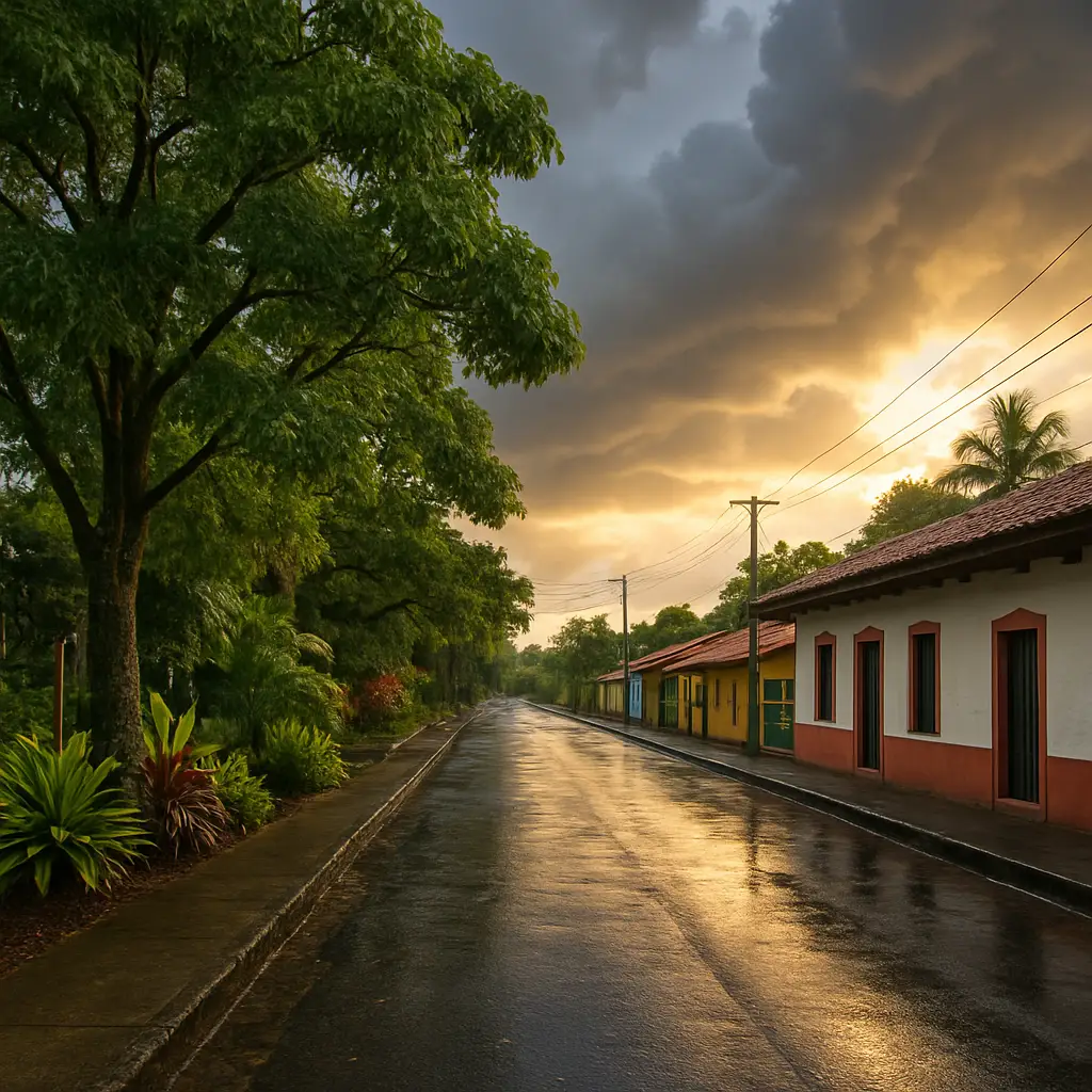Vista panorámica de Liberia, Costa Rica, con cielo parcialmente nublado y paisaje urbano