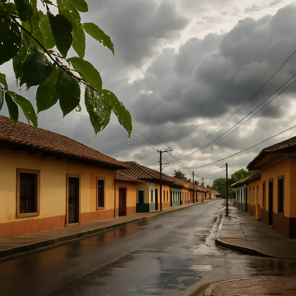Vista panorámica de Liberia, Costa Rica, bajo un cielo parcialmente nublado con indicios de lluvia