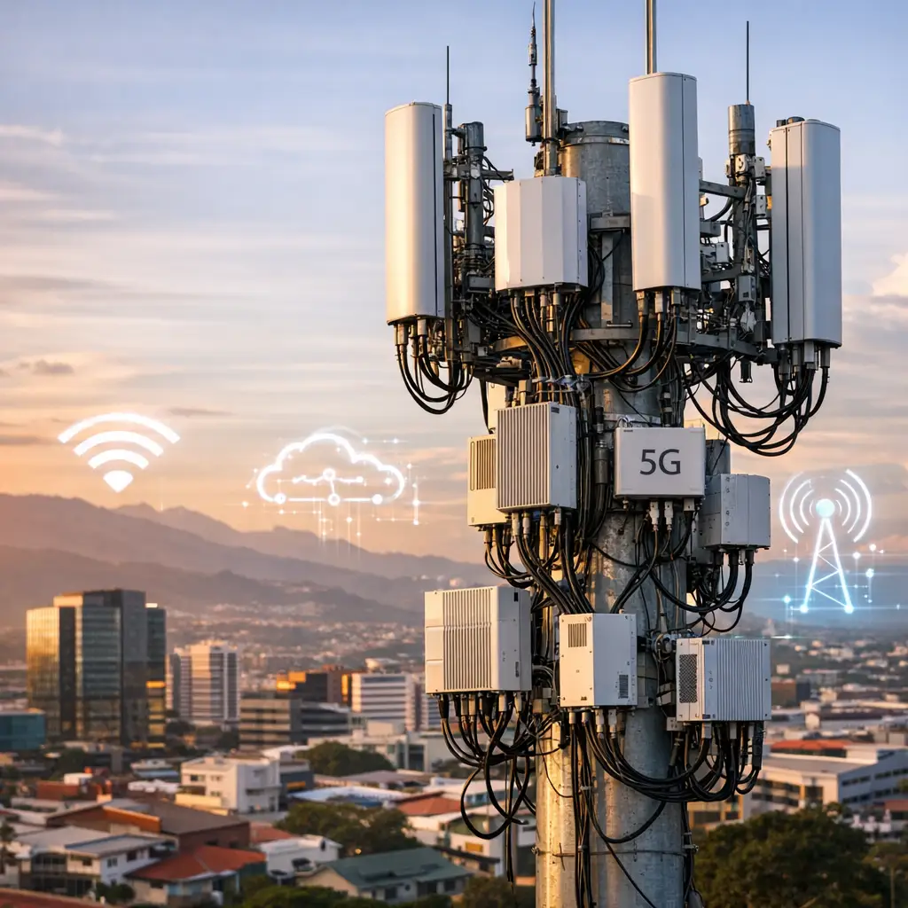Instalación de antena 5G en Costa Rica durante la expansión de red del ICE